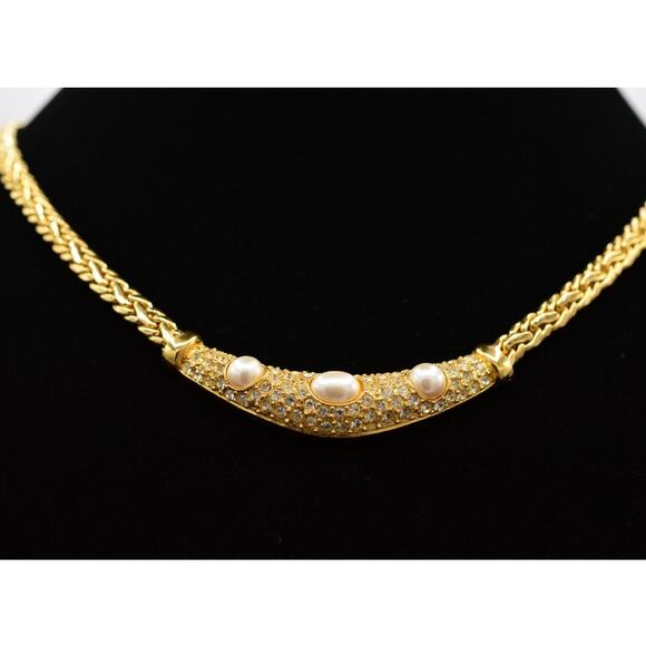 Christian Dior Vintage Crystal Collar Necklace Gold Pearl Signed 80s 1980s BinE - Picture 1 of 12
